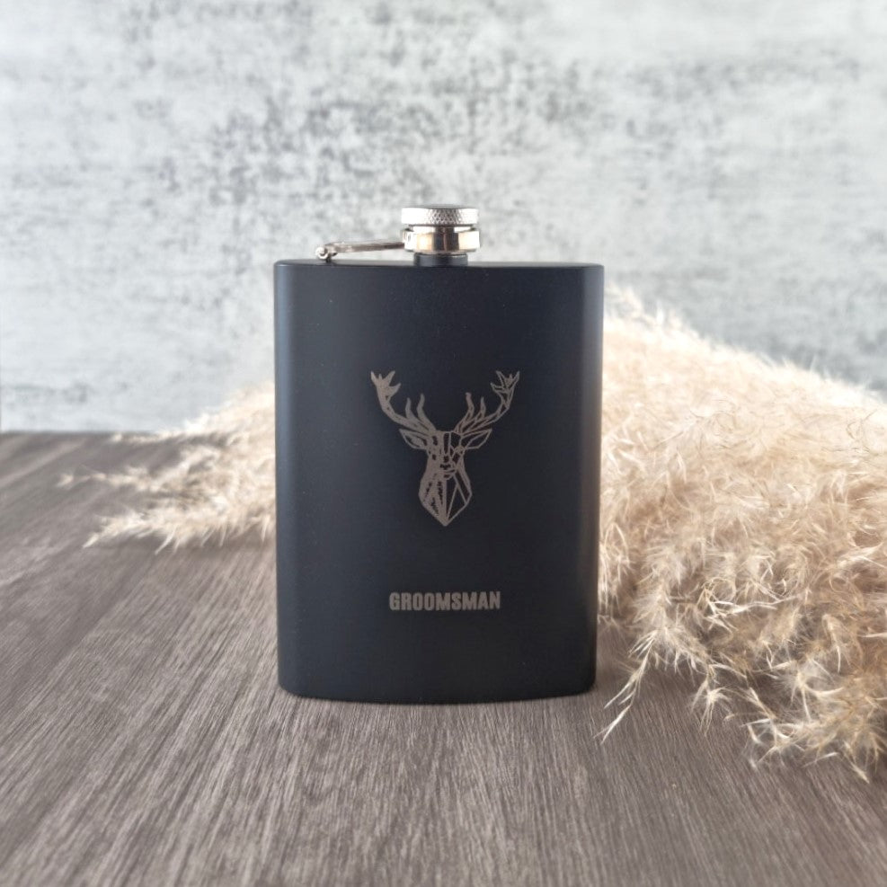 engraved sleek black hipflask favour gift