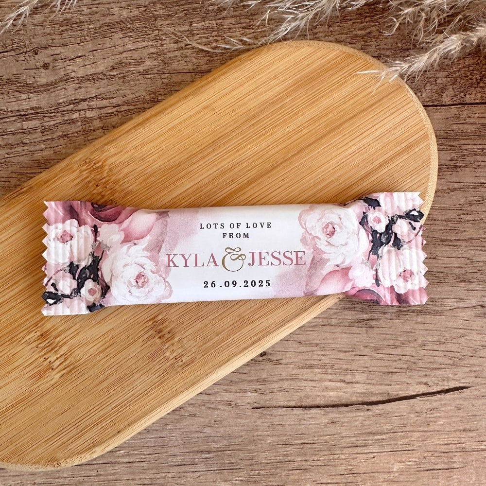 blushing pink blooms chocolate wrapper design