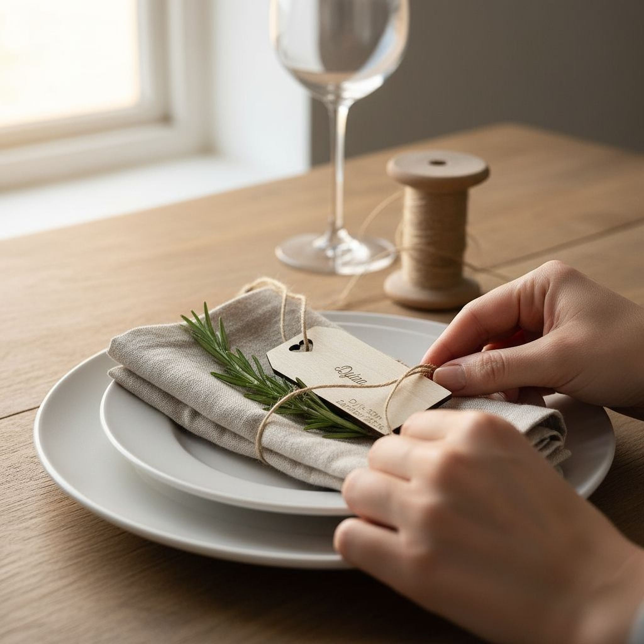 A person's hands are carefully arranging a napkin on a plate, with a small tag attached to it. The plate is placed on a wooden table, and there is a glass of wine nearby.