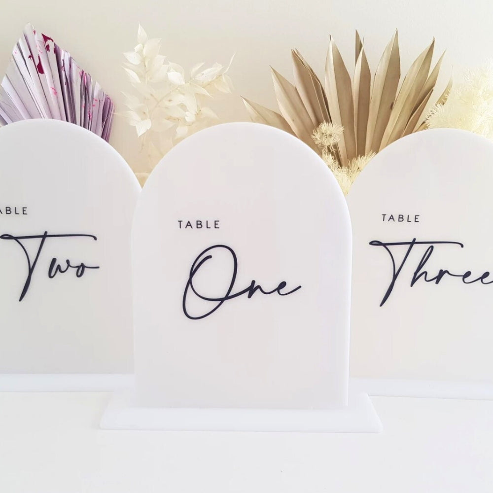 three white, round table signs with the word "TABLE" written on them. The signs are arranged in a row, with the first sign labeled "Two", the second sign labeled "One", and the third sign labeled "Three".