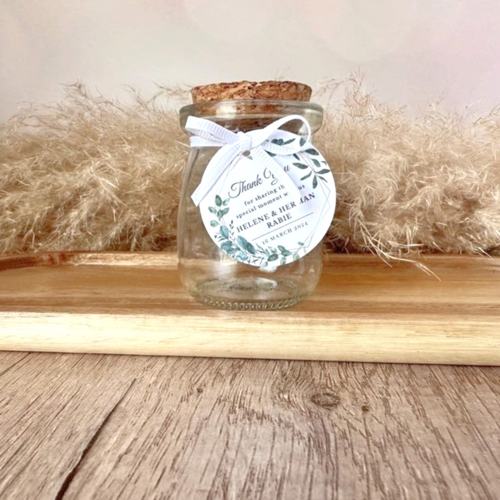 custom tag and ribbon on 100ml cork jar