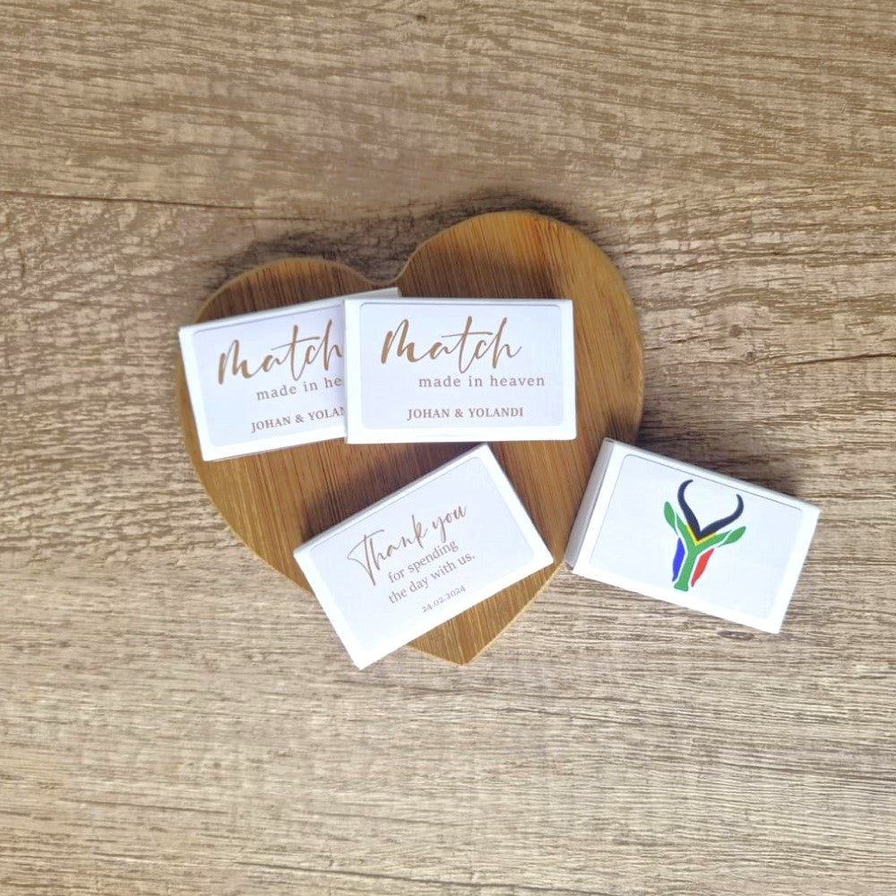 the perfect match match box favours with custom stickers