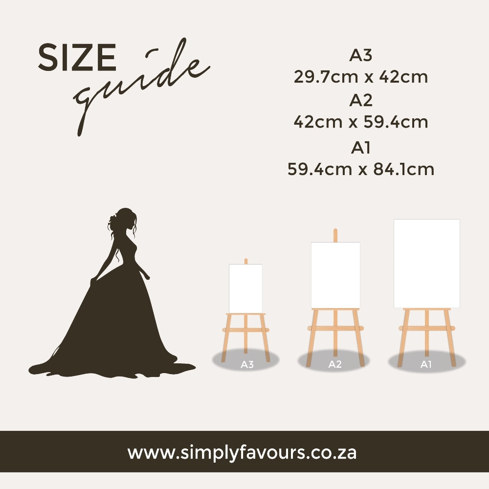 The image is a size guide for different sizes of paintings, including a silhouette of a woman in a long dress, three easels, and the sizes of the paintings.