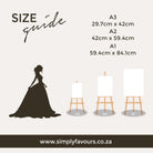 The image is a size guide for different sizes of paintings, including a silhouette of a woman in a long dress, three easels, and the sizes of the paintings.