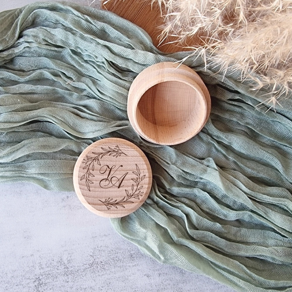 engraved round wooden ring box