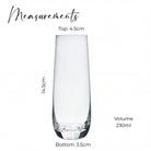 a tall, clear glass vase with measurements and volume information.
