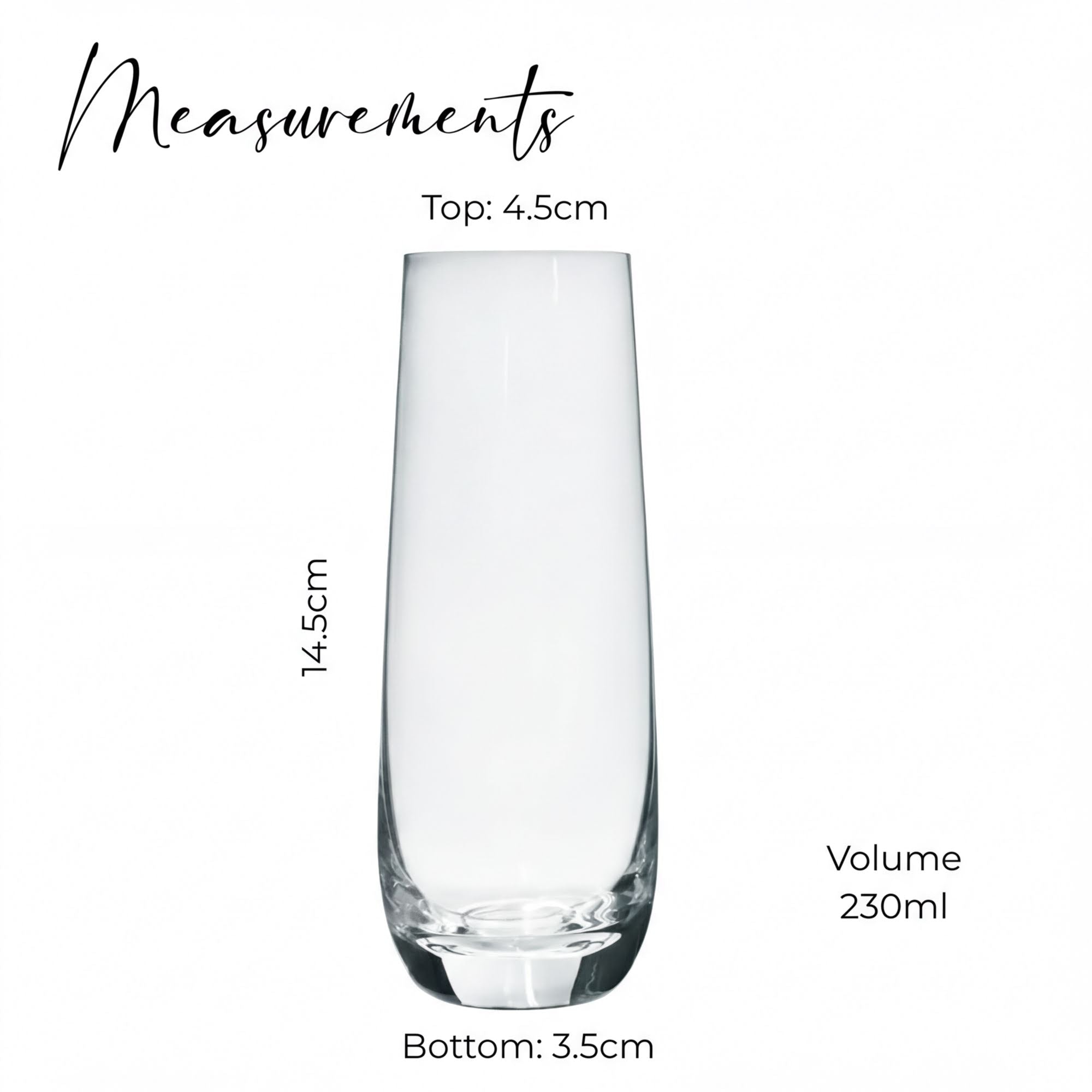 a tall, clear glass vase with measurements and volume information.