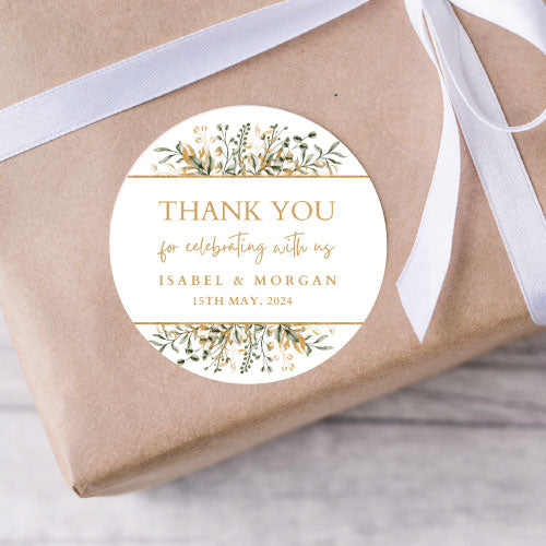 thank-you-round sticker-with-gold-and-green-garland