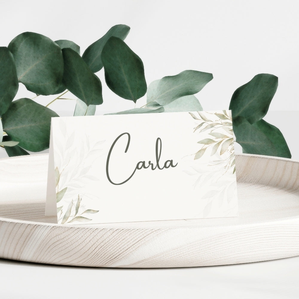 name place card holders green and gold