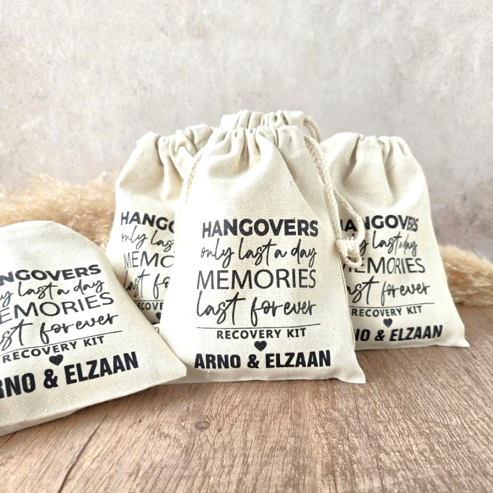 Custom printed cotton hangover recovery kit bags with drawstrings, text reads 'Hangovers only last a day, memories last forever. Recovery kit'.
