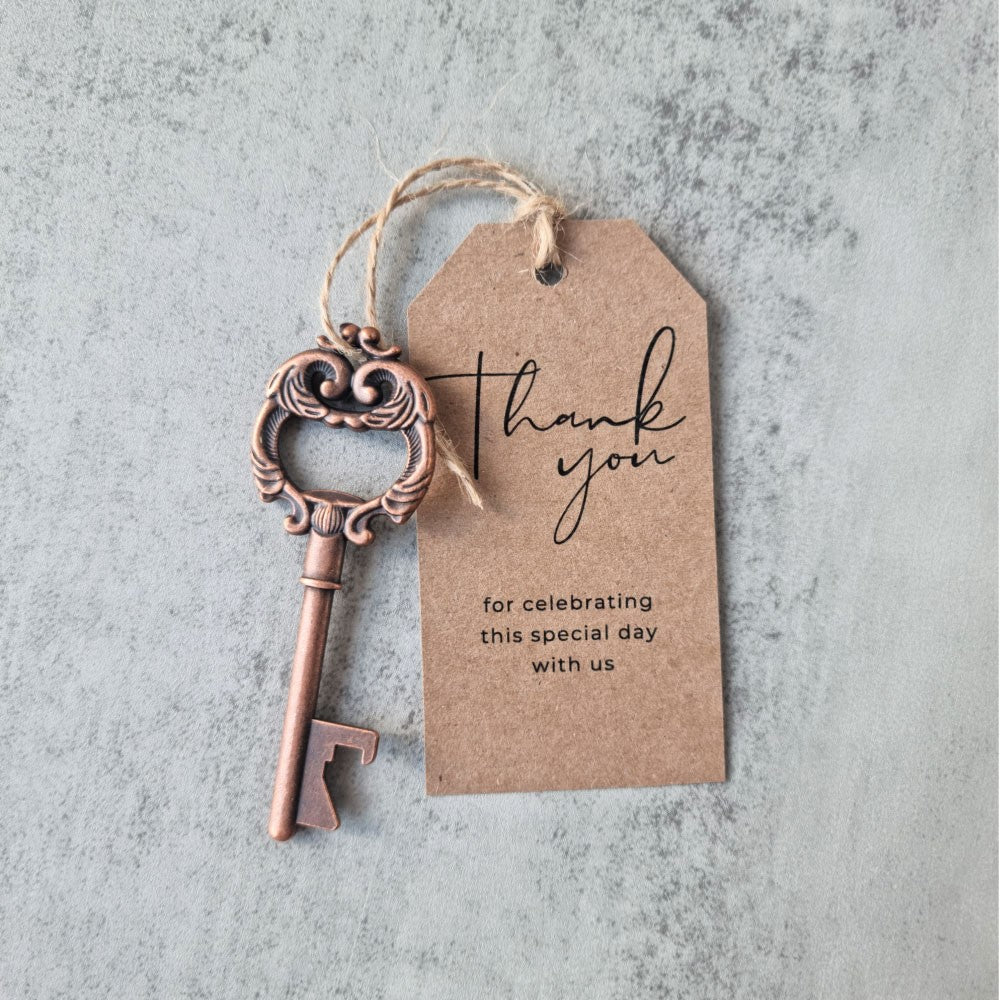 key-to-my-heart-opener-favour-in-bronze with personalised thank you tag