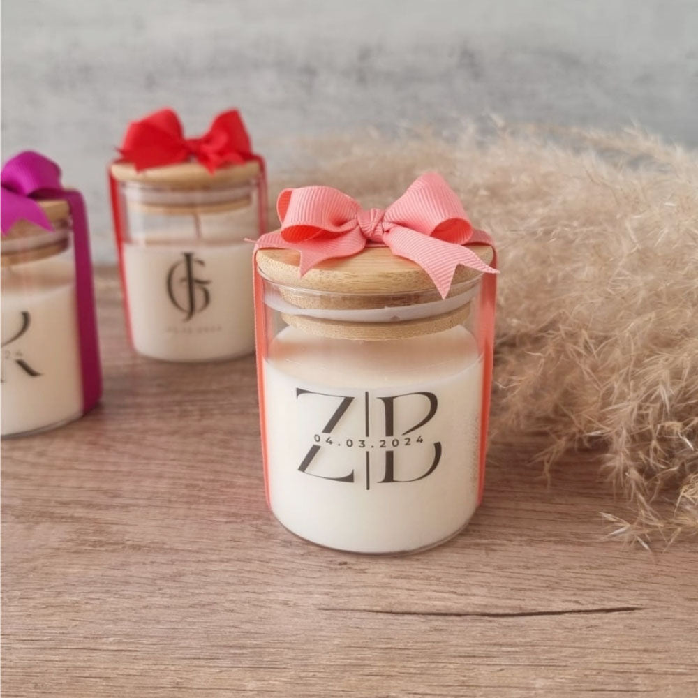 Personalised Soy Candle in Glass Votive with Bamboo Lid Favour Simply