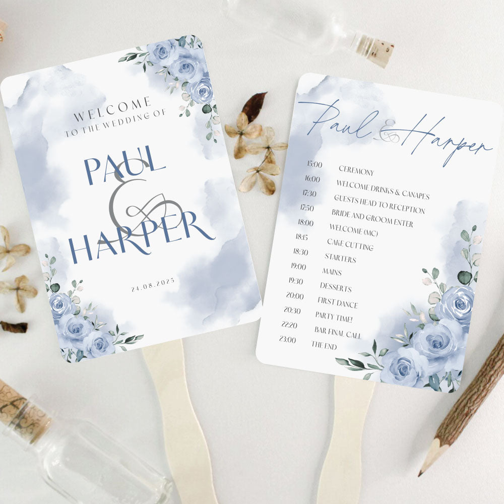paddle fan wedding timeline programme in serene blues