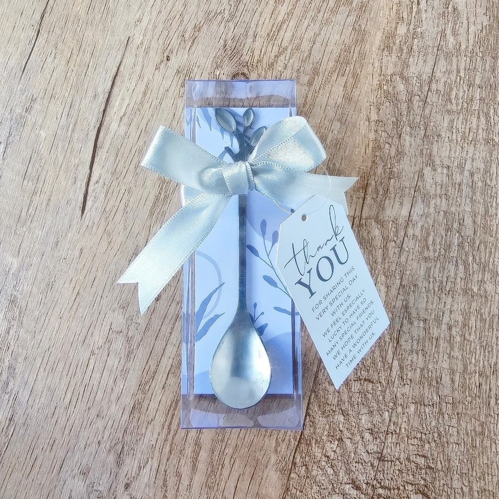 Silver leaf design spoon in giftbox with ribbon and thank you tag
