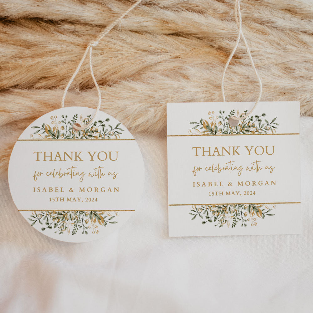 thank-you-tags-with-gold-and-green-garland in round or square
