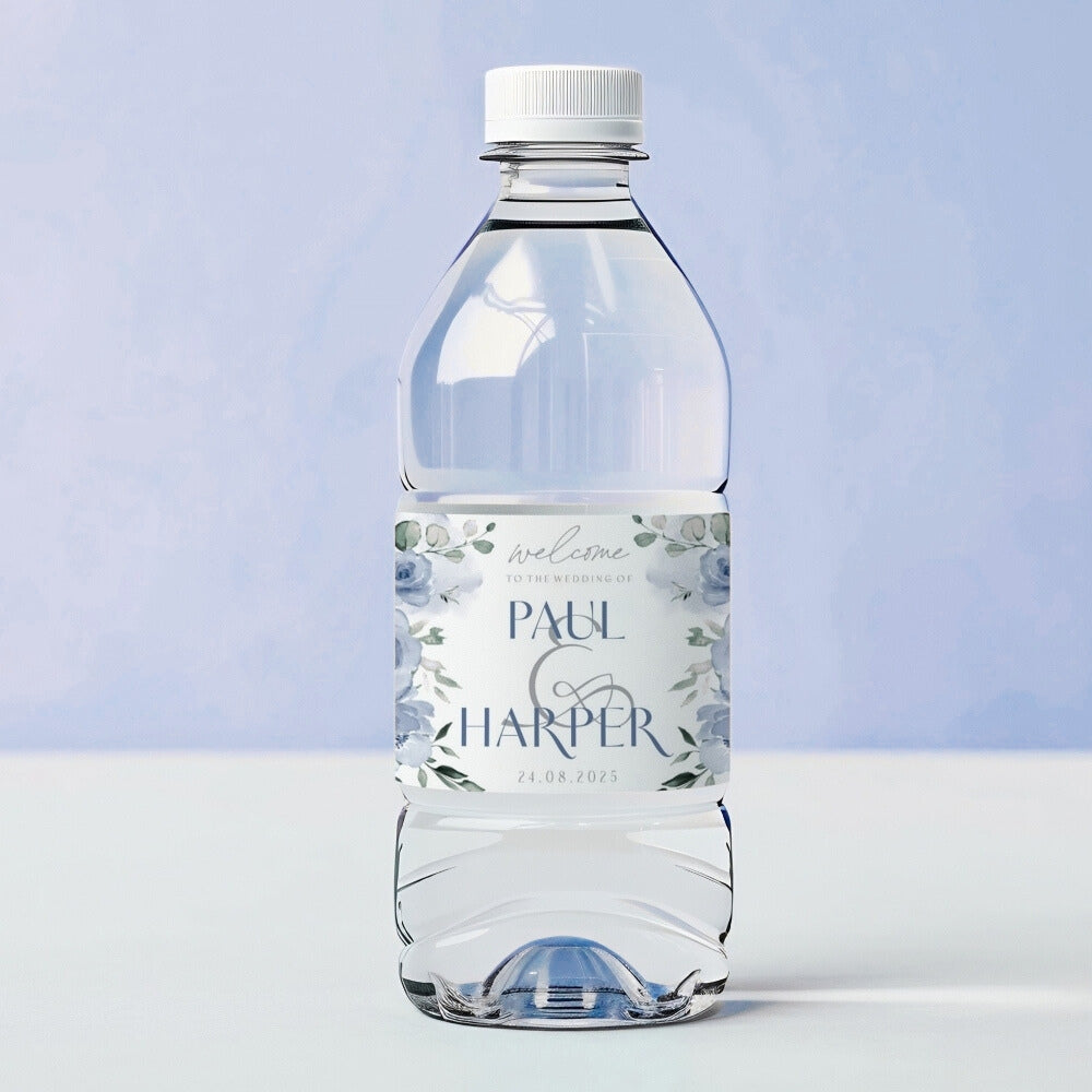 Bottle of water with a label on a light blue background