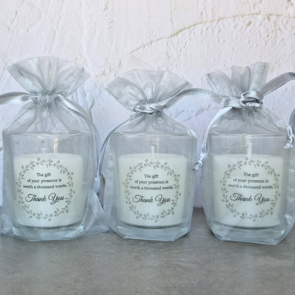Personalised Candle Votives in an Organza Bag Simply Wedding Favours