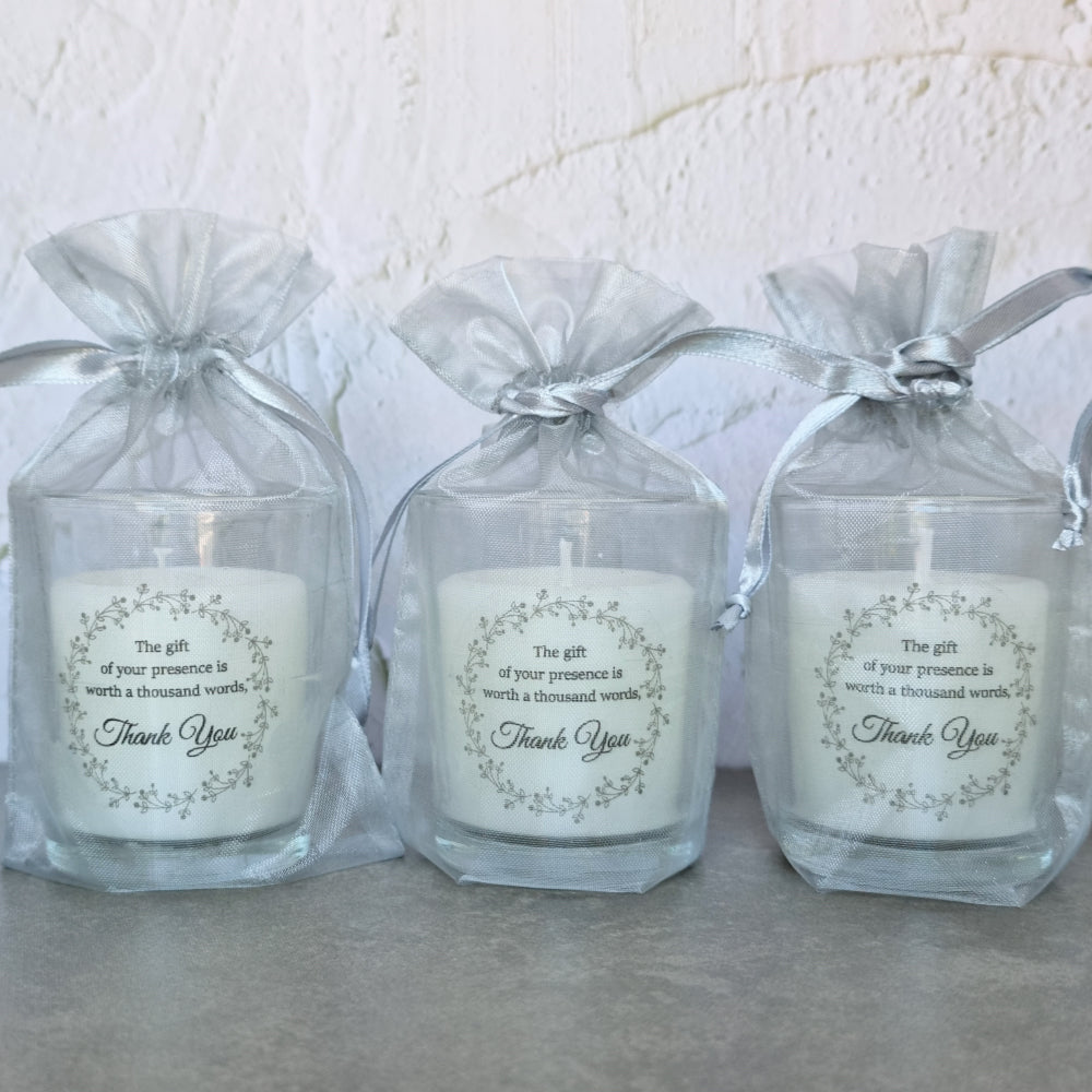 Personalised candle votives in an organza bag Simply Wedding Favours  silver