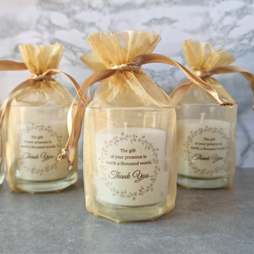 Personalised candle votives in an organza bag Simply Wedding Favours  gold
