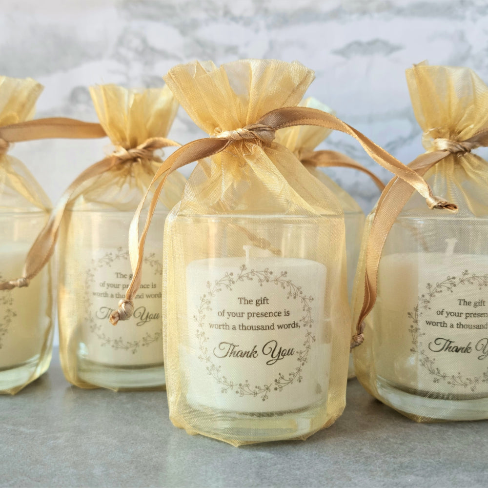 Personalised candle votives in an organza bag Simply Wedding Favours  gold