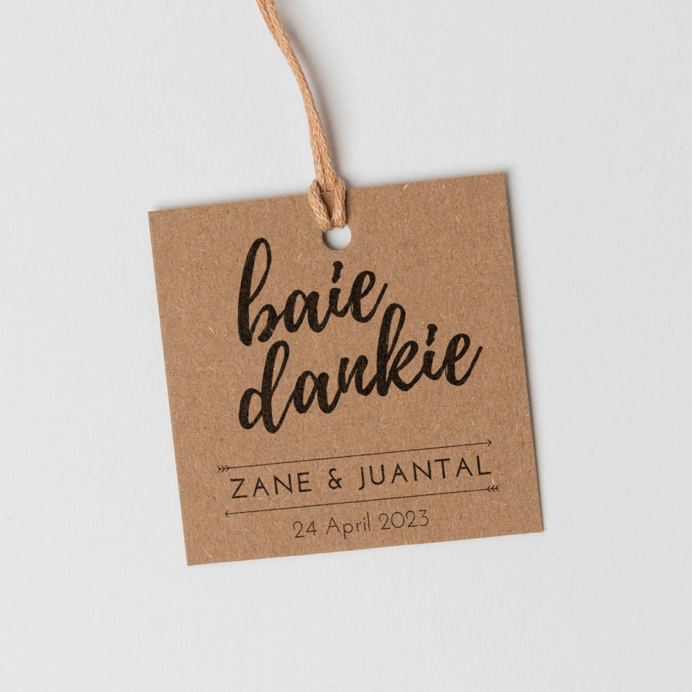Baie Dankie square thank you tag on kraft for favours