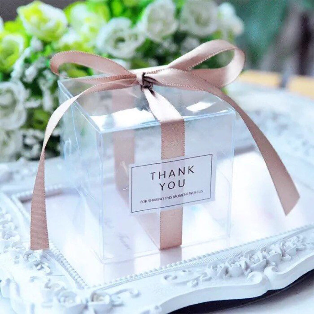 Clear Gift Box with Ribbon & Personalised Sticker – Simply Wedding Favours