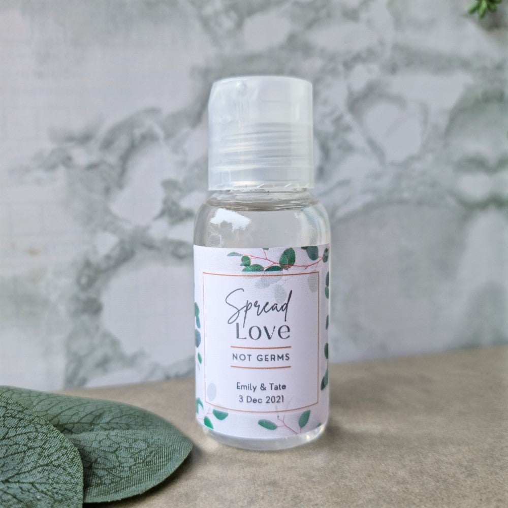 Mini handsanitiser with spread love not germs sticker in leafy branch design