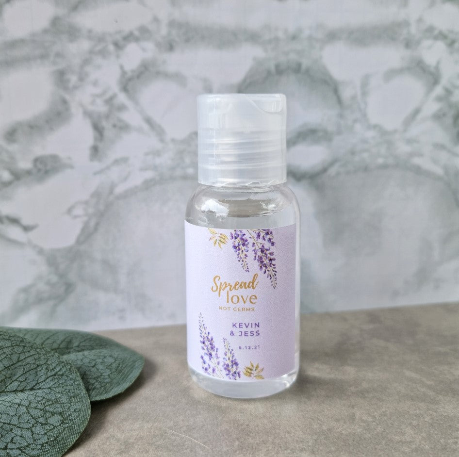 Lavender flowers on personalised sticker for 50ml hand santiser wedding favour