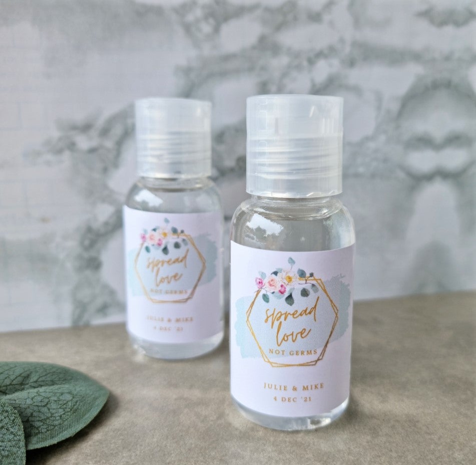 Spread Love not germs 50ml Hand Sanitiser personalised sticker with floral notes