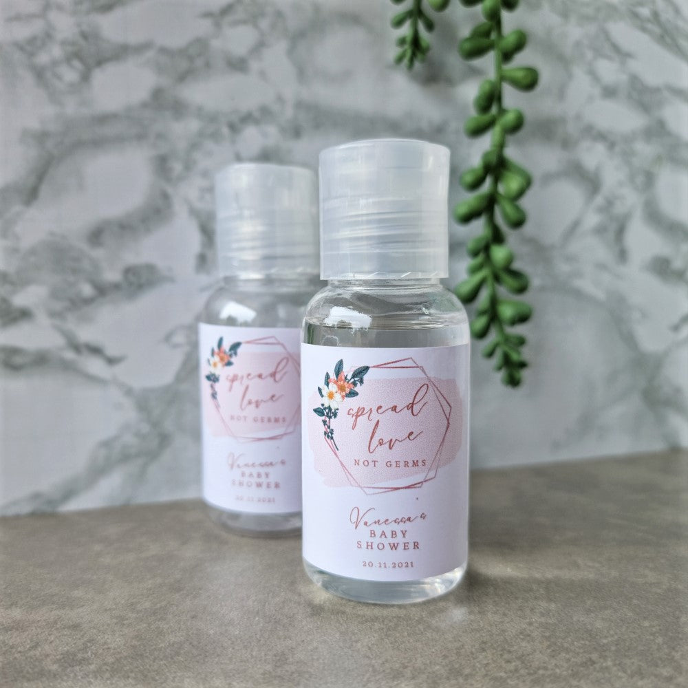 Spread Love not germs 50ml Hand Sanitiser personalised baby shower favour