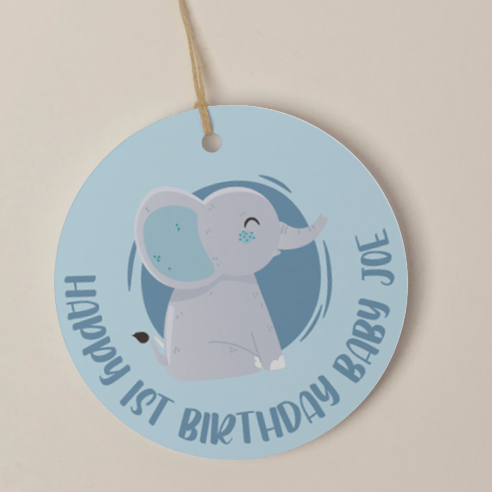 happy birthday baby elephant blue thank you tag favour