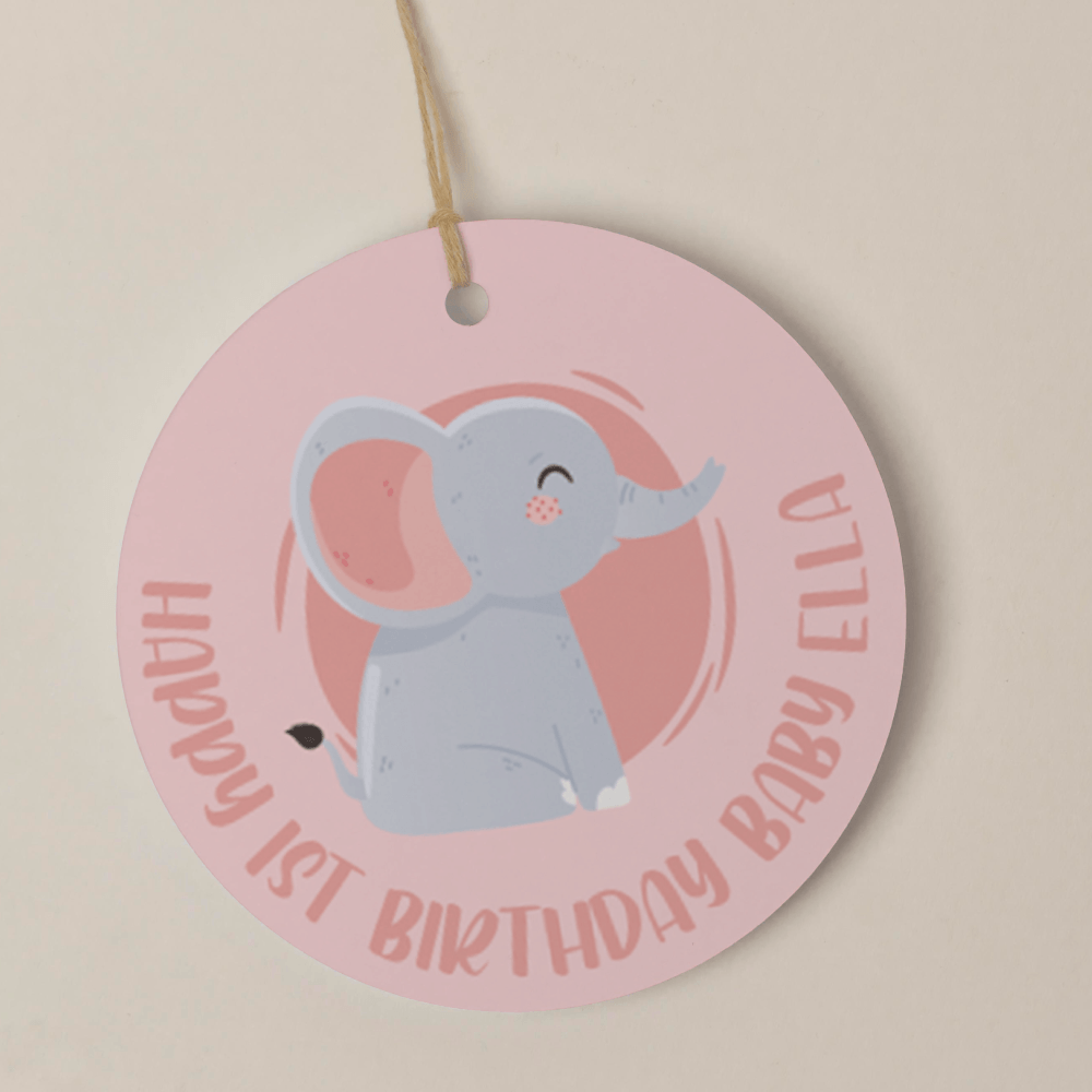 happy birthday baby elephant pink thank you tag favour