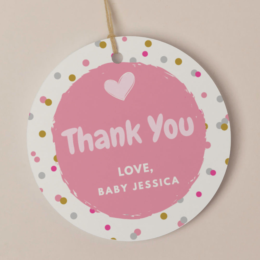 Pink and Gold Confetti Baby Shower Thank you tag for favours