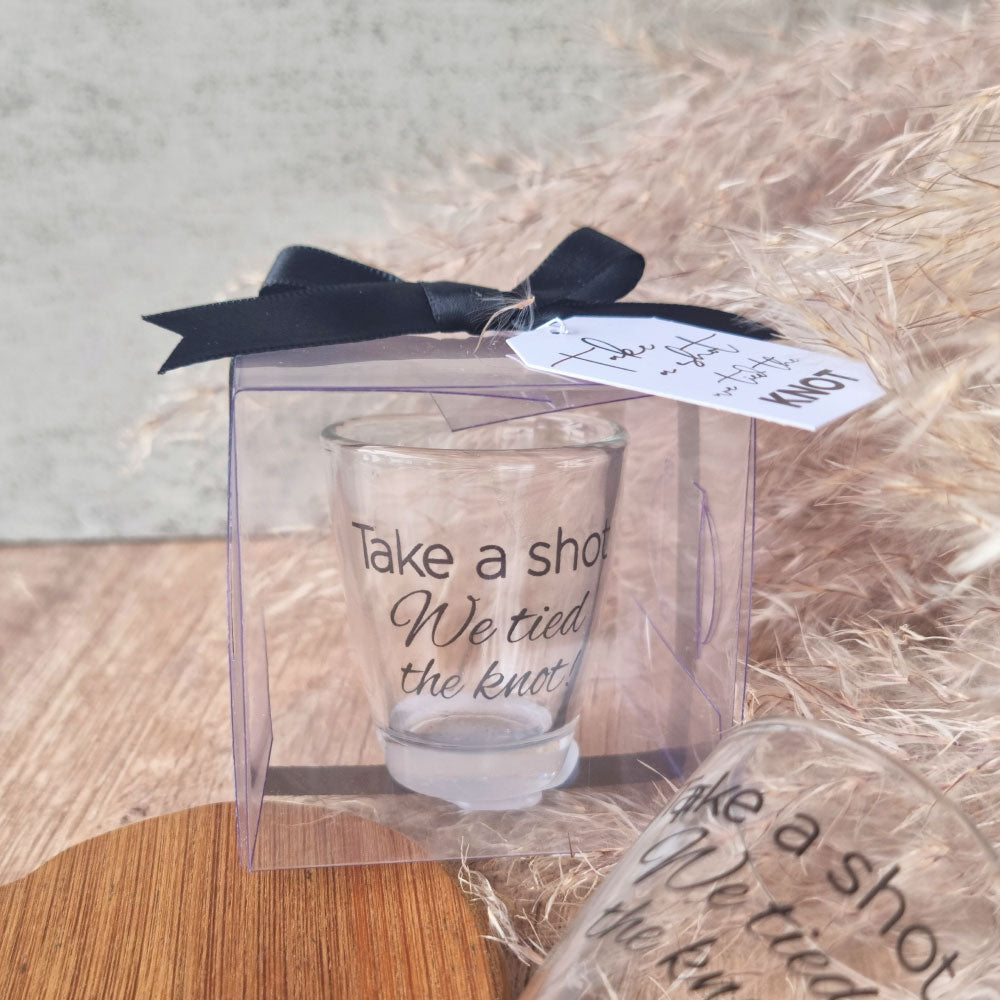 Take a shot we tied the knot shot glasses wedding favours in clear gift box with ribbon and thank you tag