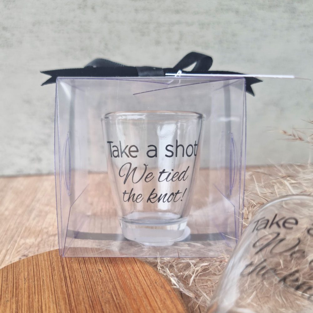 Take a shot we tied the knot shot glasses wedding favours in clear gift box with ribbon and thank you tag