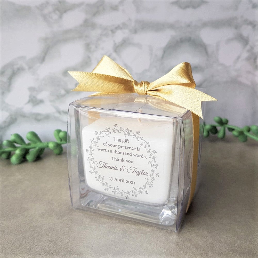 Personalised square votive candle favour in a giftbox