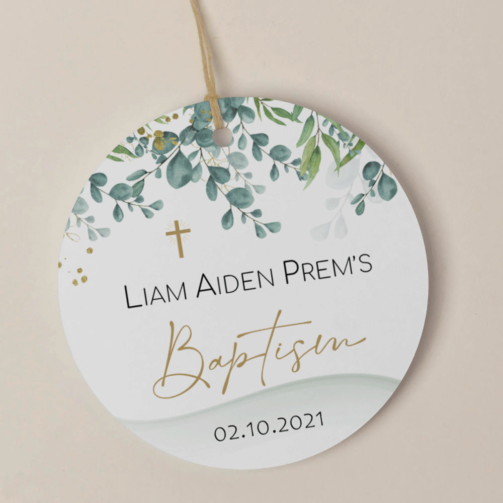 Gold and Green Eucalyptus for personalised thank you tags Baptism