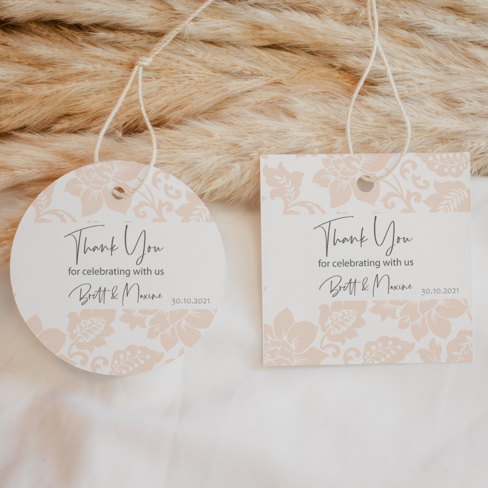 blush pink floral thank you tags in round or square