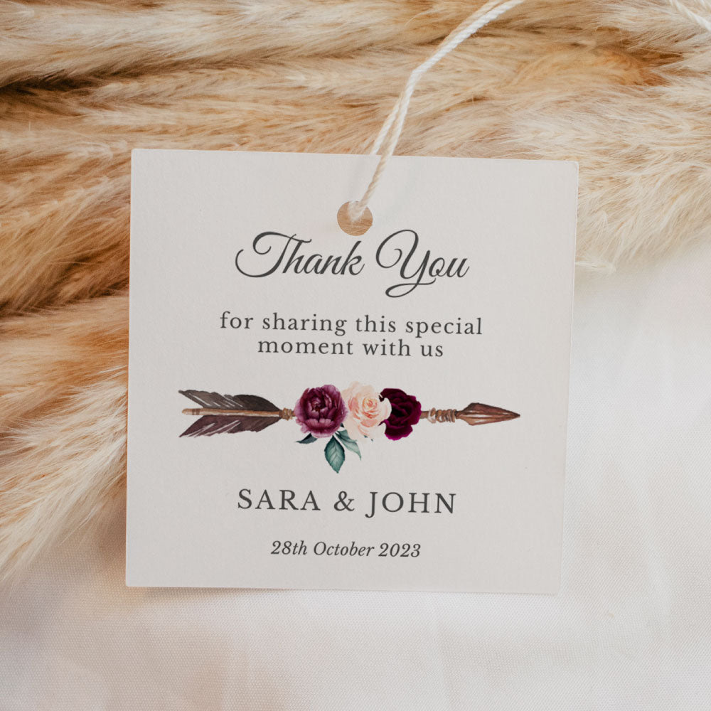 boho inspired arrow and roses design square shaped thank you tag