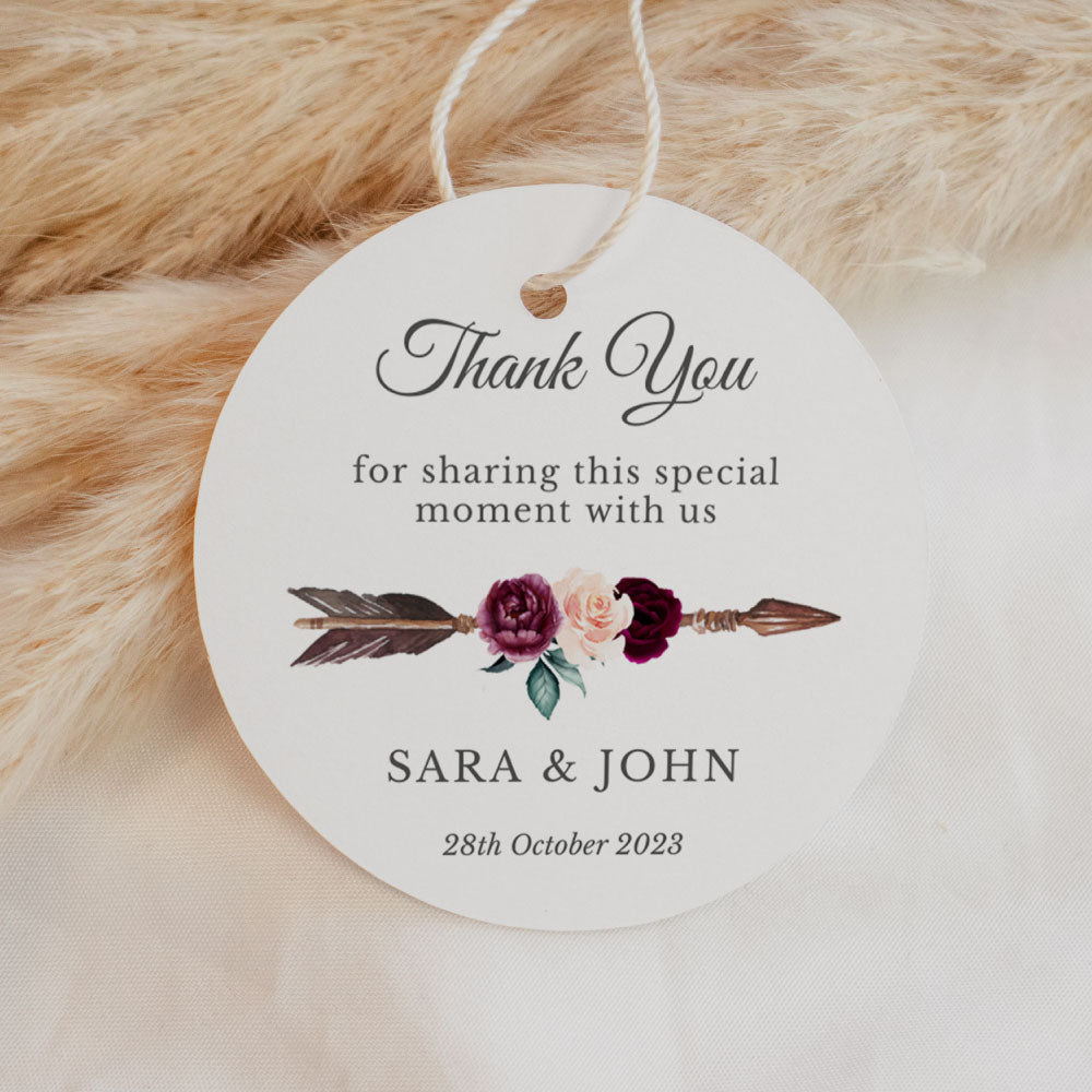 Boho inspired arrow and roses design round thank you tag