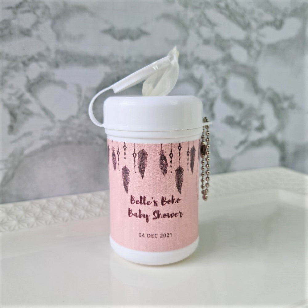 Boho designed wet wipe holder with feathers and charms