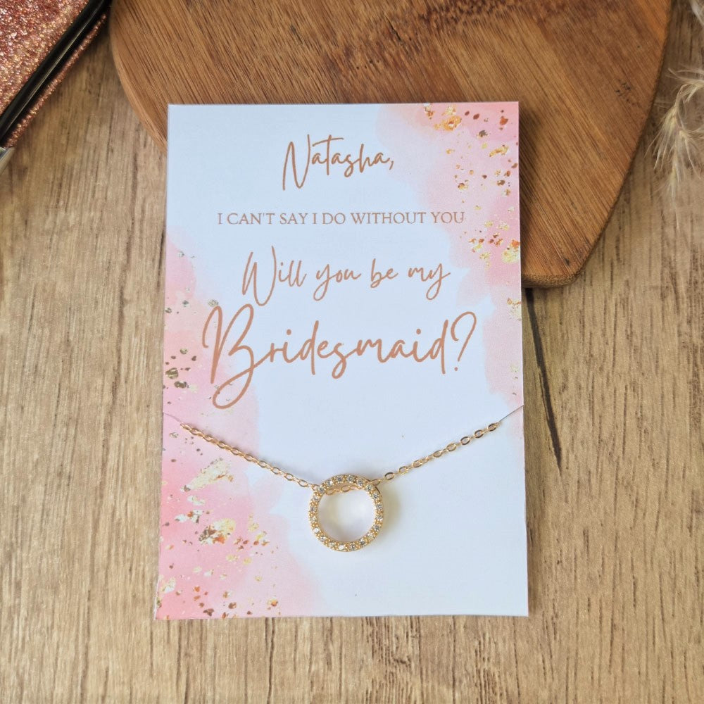 Bridesmaid friendship necklaces are presented on a small card that can be personalised