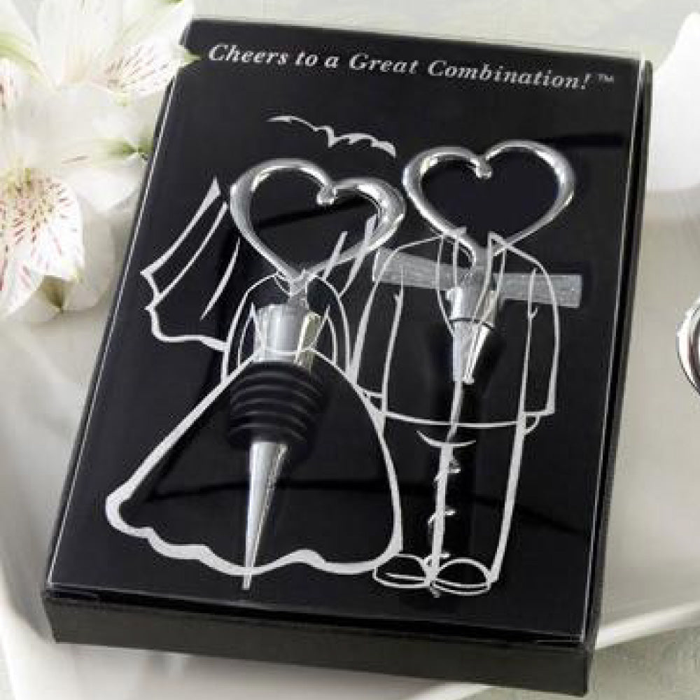 Heart shaped Wine Opener & Stopper Set, wedding favour