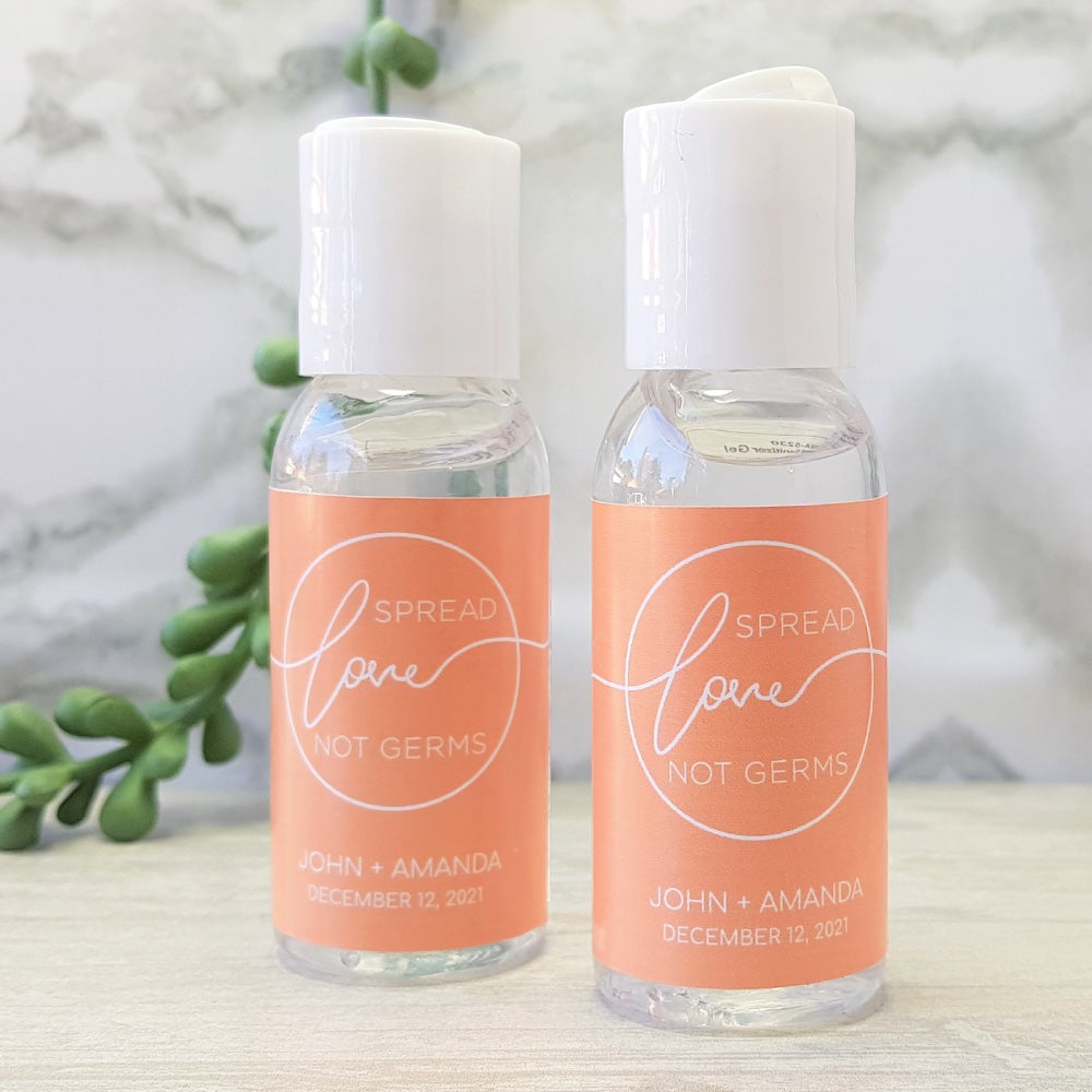 Spread Love not germs hand sanitiser with minimalist personalised sticker