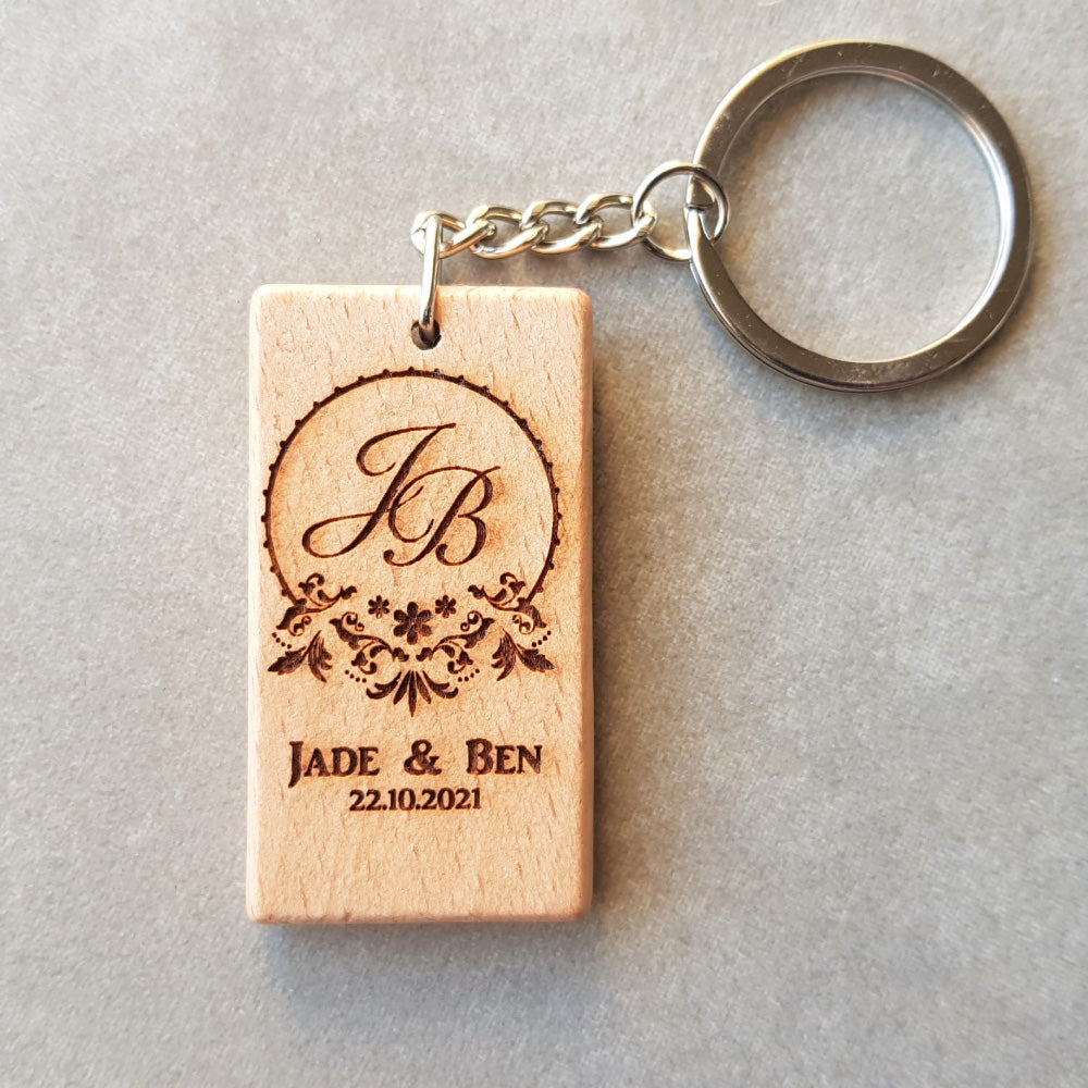 engraved rectangular beech wood keyring