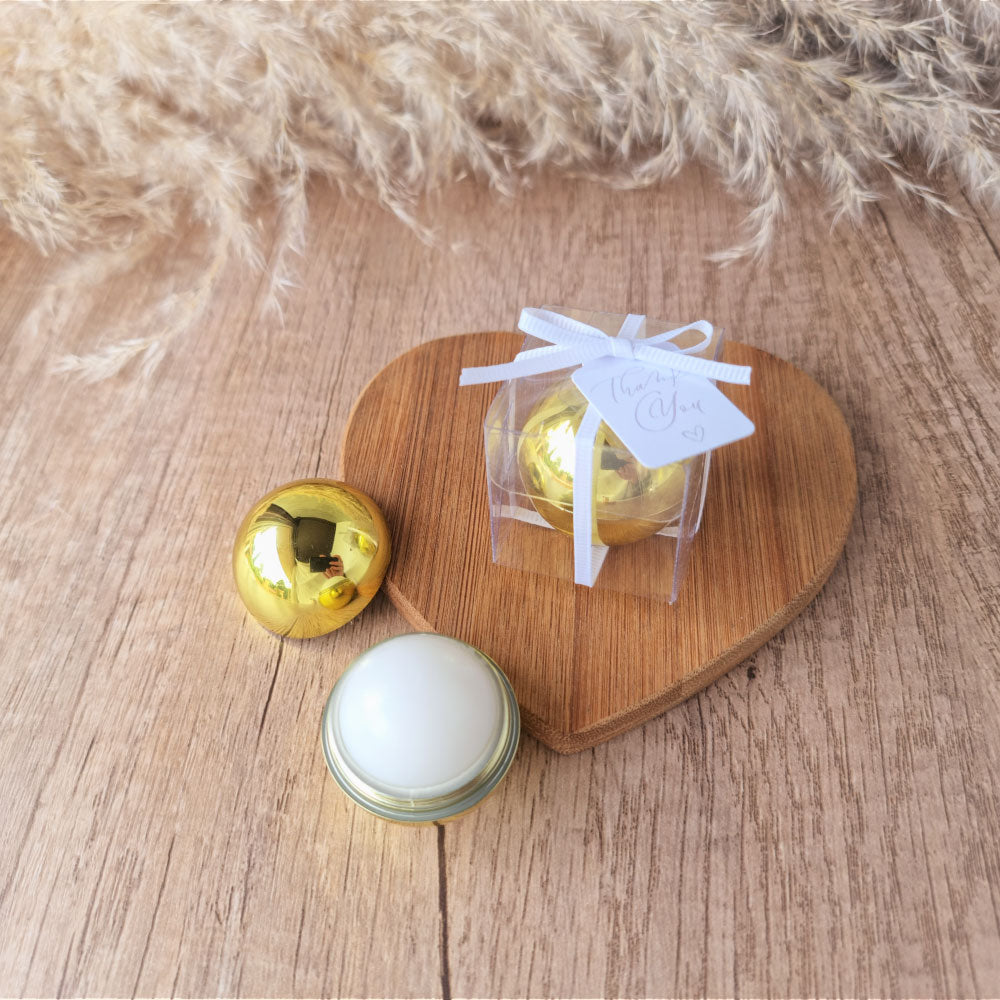 gold-sphere-lip balm favour-in-clear-giftbox