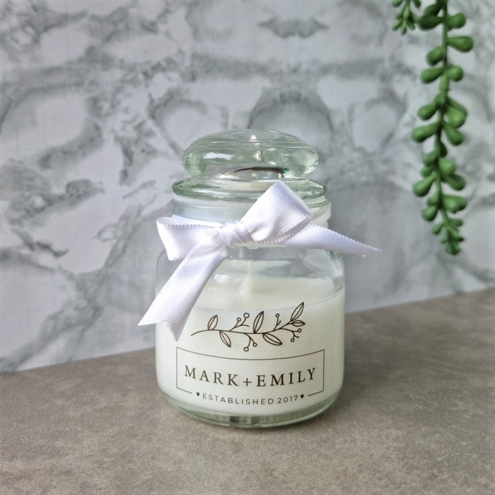 Mini jar candle with leaf design personalised sticker