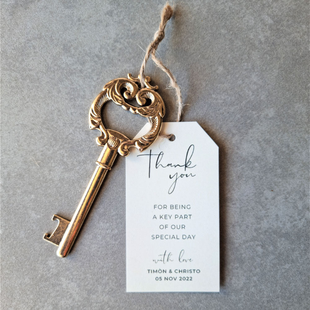 Key to my Heart Antique Bottle Opener in gold with personalised thank you tag favour