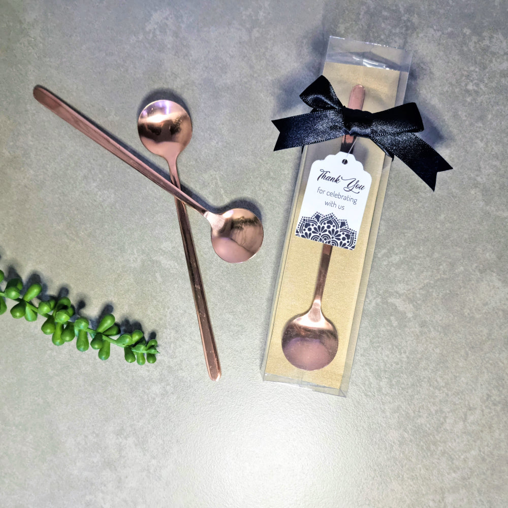 Elegant Long Spoon in Silver Gift box, ribbon and tag 