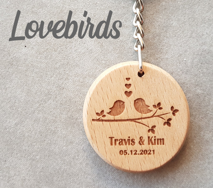 round wooden beech wood keyring custom lovebirds
